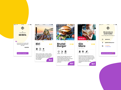 Brutal Bar Web App UI app app design bar bar app burger daily daily ui dailyui drink drink menu food app food app ui minimal mobile purple restaurant app ui ux web app yellow