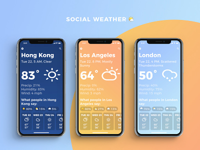 Social Weather App UI app climacons emoji emoji weather gradients iphone x minimal social social weather weather weather app