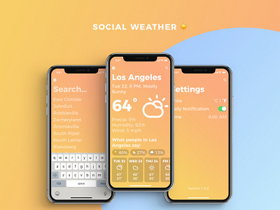 Social Weather App UI all screens app climacons emoji emoji weather gradients iphone x minimal social social weather weather weather app