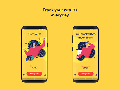 Smoke Stopper UI - Results tracking android app challenge character daily daily ui dailyui design gradient icon illustration minimal mobile smoke smoking tracker ui ux vector yellow