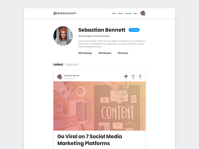 Grow&Disrupt Profile Page article design branding daily daily ui dailyui design feed gradient latest minimal popular profile profile design profile page typography ui ux vector web web design