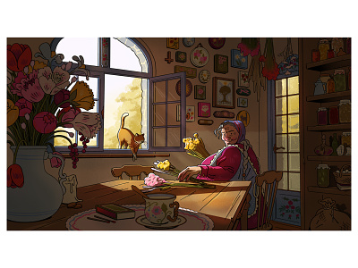 A witch bouquet cat flowers folk folklore illustration interior kitchen old old woman poland witch woman