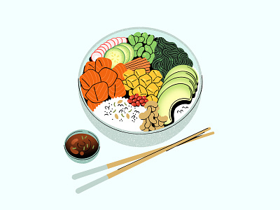 Poke Bowl avocado bowl food food porn hawaii healthy illustration mango meal poke radish rice salmon