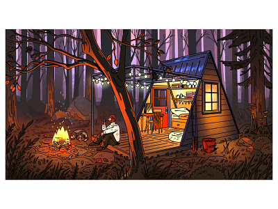 Riverbank Cabin autumn cabin camp camping dog fire firecamp fishing forest illustration nature north america river riverbank trees wilderness woods