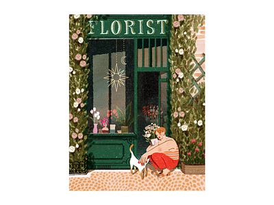 Parsley the cat cat florist flowers flowershop forest green girl green illustration roses textured textured illustration