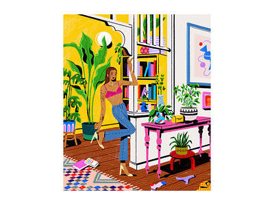 Leaving your living room appartment books colorful colors flat girl house illustration illustrations interior living room livingroom messy pink plants procreate rainbow undies woman yellow