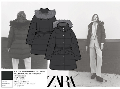 ZARA Water and Wind protection belted down puffer coat fashionflats illustration