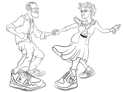 Grandparents dance illustration: Work in progress 01 dance grandfather grandma grandpa granmother hipster le coq sportif linear sneakers vector