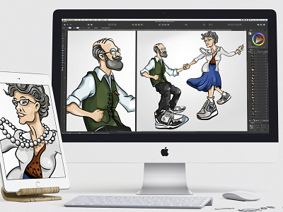 Grandparents dance illustration colorfull colors dance grandfather grandma grandpa granmother hipster le coq sportif linear sneakers vector