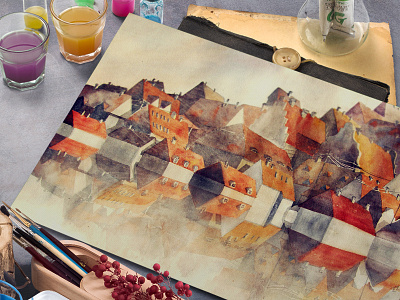 Watercolor roofs city houses orange painting roofs violet watercolor