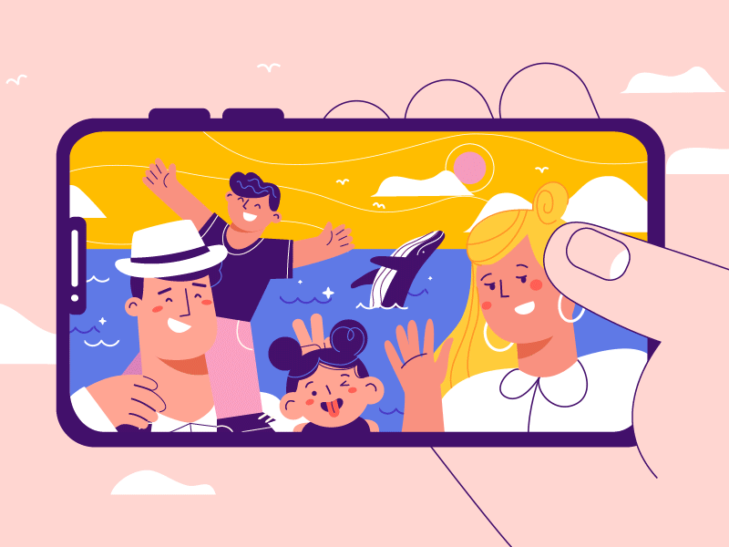 Selfie Together☀️ animation character family gif holiday mobile photo sea selfie sun weekation whale