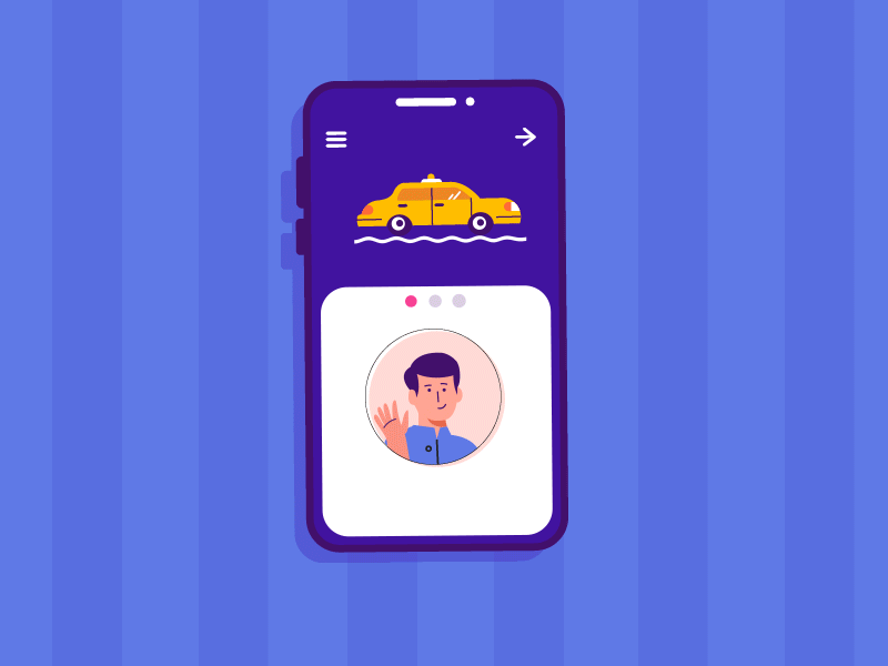 Taxi is Coming🚕 alarm animation app car character design flat gif hello illustration location loop man message mobile notification smile taxi time ui