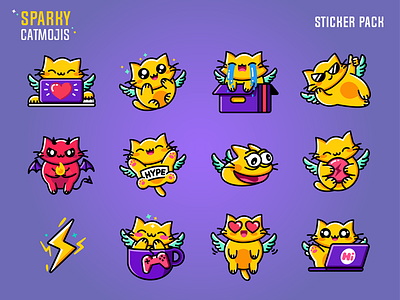 Sparky Catmojis 2d animal animation app bolt cat character cute design emoji fantasy game gif kitty smile sticker sticker design web wings yellow