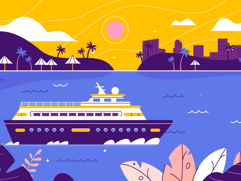 Whale Watching 2d aftereffects animation birds city cruise design flat gif happy holiday illustration sea ship sky sun waves weekation whale