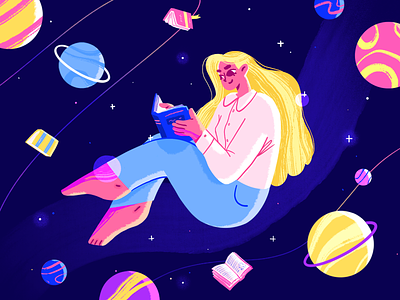 Book Time! book character girl hobby illustration light planets reading space stars univers woman