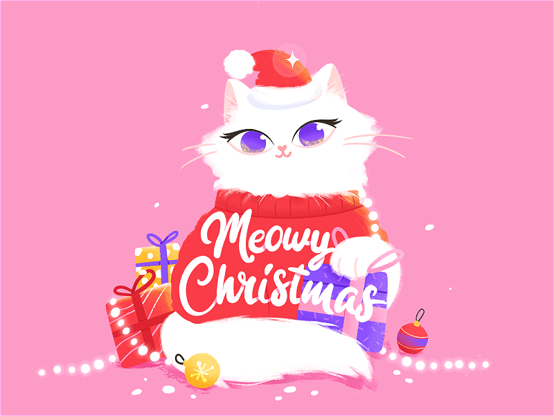 Meowy Christmas⛄🎄 2d animation cat character christmas fun gif happy holiday kitty licking paw present smile snow winter xmas