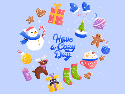 Have A Cozy Day⛄🎄 cat celebration character cookie cozy cute deer gingerbread happy holidays illustration inspiration magic new year present quote snow snowman winter xmas