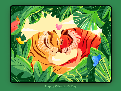 Love in Jungle🐯 2d butterfly character couple day environment forest green happy heart illustration jungle leaves love nature tiger wild wildlife
