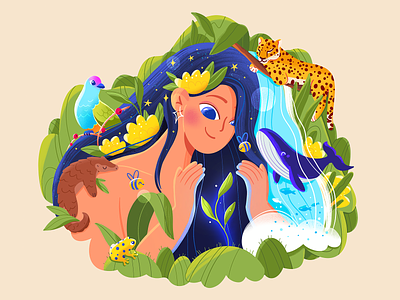 🌿 Protect 🌳 2d animals beauty bees bird character earth environment flower forest girl hugs illustration leopard love nature pangolin stars waterfall whales