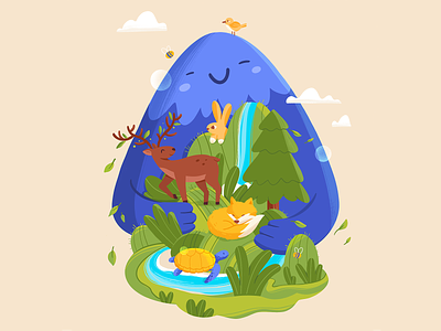 Mountain Hug 2d animals character colorful cute deer environment fox hugging illustration inspire love mountain nature planet procreate protect support waterfall woods
