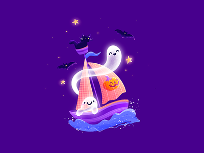 👻 Ghost Adventures ⛵ 2d adventure boat cat character cute design flat funny ghost halloween illustration kitty nft procreate sea soul spooky violet waves