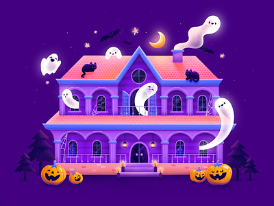 🏚️ The House of Halloween 🎃 2d bat cat character cute dark design flat funny ghost halloween house illustration nft night soul spooky tree violet window