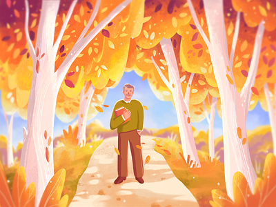 Father🤍 2d autumn book character day fall forest illustration leaves memory procreate road trees wood yellow