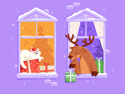 Happy Holidays 🎄 2d cat character christmas cute deer design gift holidays house illustration new year procreate sweet tree violet window winter