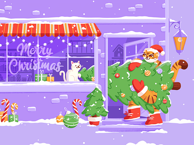 Merry Christmas 🎄🎁 2d cat character christmas tree cute design gift happy house illustration joy new year procreate snow store tiger tree walk window winter