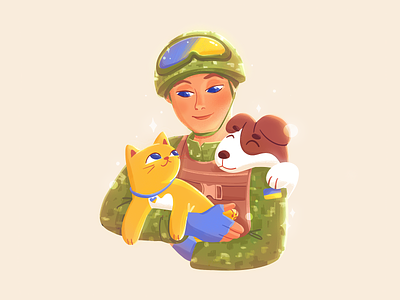 Every Life is Precious! 2d cat character cute dog embrace flat hands hug illustration kitty life love man peace procreate soldier ukraine war world