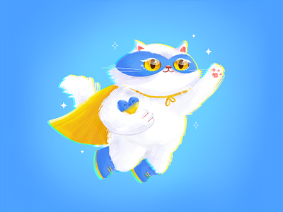 Ukrainian Super Cat💙💛 2d blue cat character cute design embrace fighter flat fluffy flying heart hero illustration kitty love procreate protect superhero ukraine