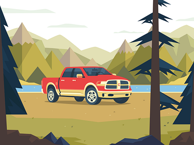 RAM Truck car environment forest illustration mountain nature river rocks trees truck wood