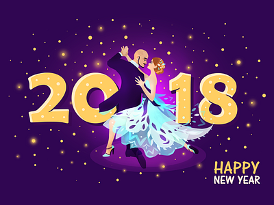 Happy New Year with Tango 2018 dance dress flat happy new year illustration light shine spots tango violet