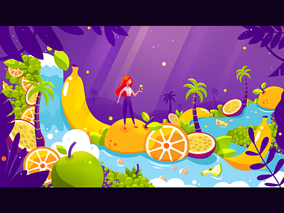 Island of Taste apple fruits girl illustration ingredients island light orange taste violet water waterfall