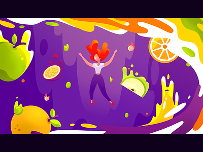 Island of Taste 2 apple falling fruits girl happy illustration ingredients light liquid orange splash violet