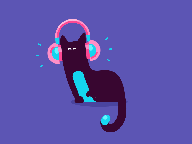 Feel The Music 2d animation cat fun gif headphones loop music pink ritm shake violet