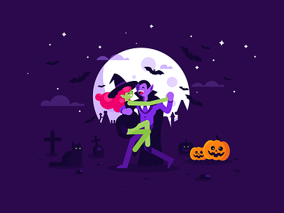 Dracula + Witch = Tango 2d bat cat character cute dracula flat fun halloween happy illustration love moon night tango witch