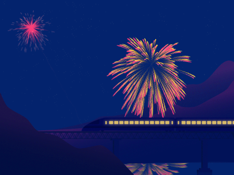 Digital Postcard Animated Illustration animation bridge digital fireworks gradient illustration japan light mountains newsletter night train