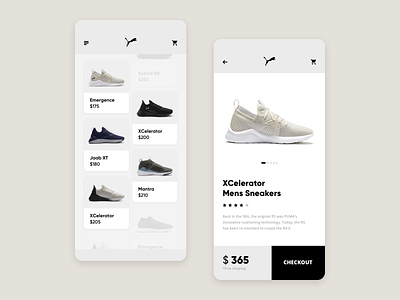 Puma app black clean design interaction interface minimal puma service app shop sneakers store app store design ui ux white
