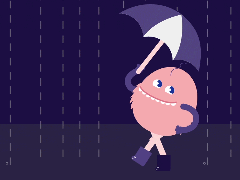 Rainy Monsters 2d animation big guy boots cute little guy monsters pink purple umbrella walk cycle