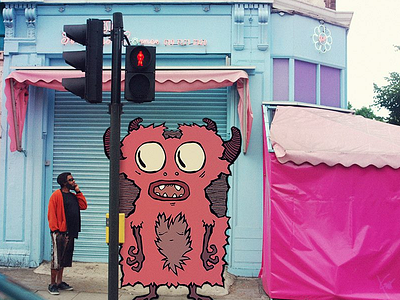 tRoublemaker big eyes character design creature furry horny london monster pinkish red light street trip