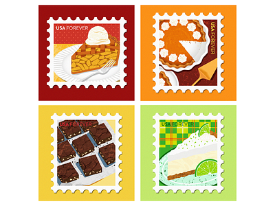 Classic American Dessert Stamps apple pie brownies dessert illustration illustration digital key lime pie pumpkin pie stamp stamp design sweets vector illustration