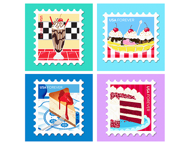 Classic American Dessert Stamps pt. 2 cake dessert illustration milkshake red velvet stamp design stamps sundae sweets vector illustration