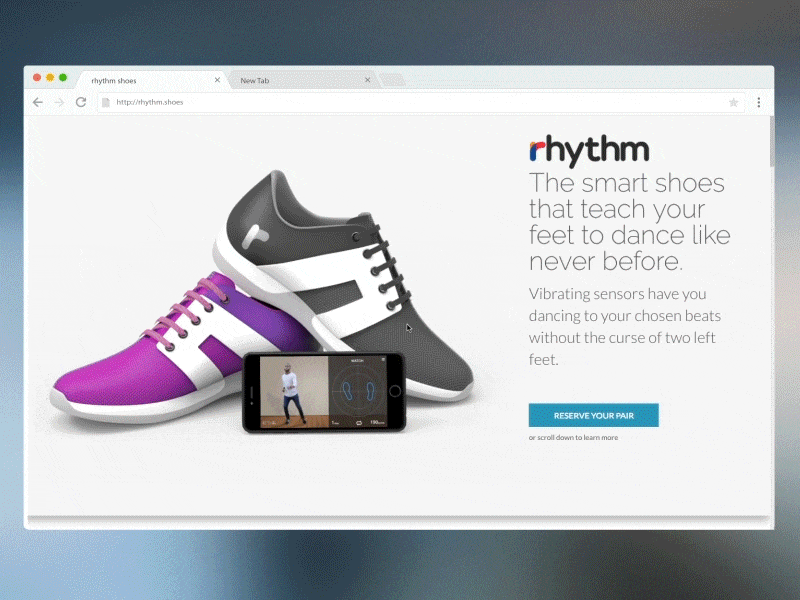 rhythm smart dancing shoes landing page 3d render iot parallax wearable