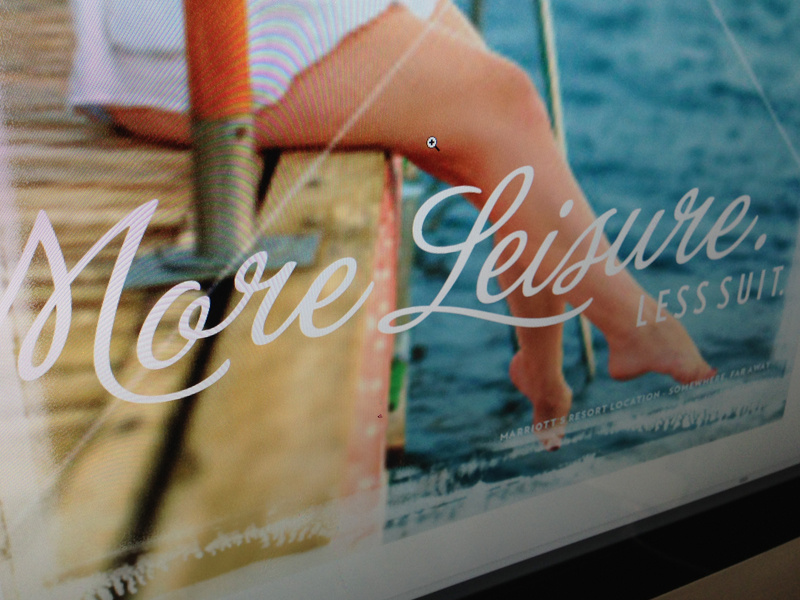 More Leisure. Less Suit poster grunge polaroid script blue water verlag white clean