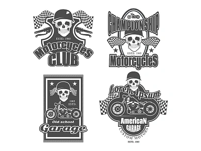 Set of vintage motorcycle labels bike biker caferacer club freedom insignia monochrome patch service sign stamp symbol