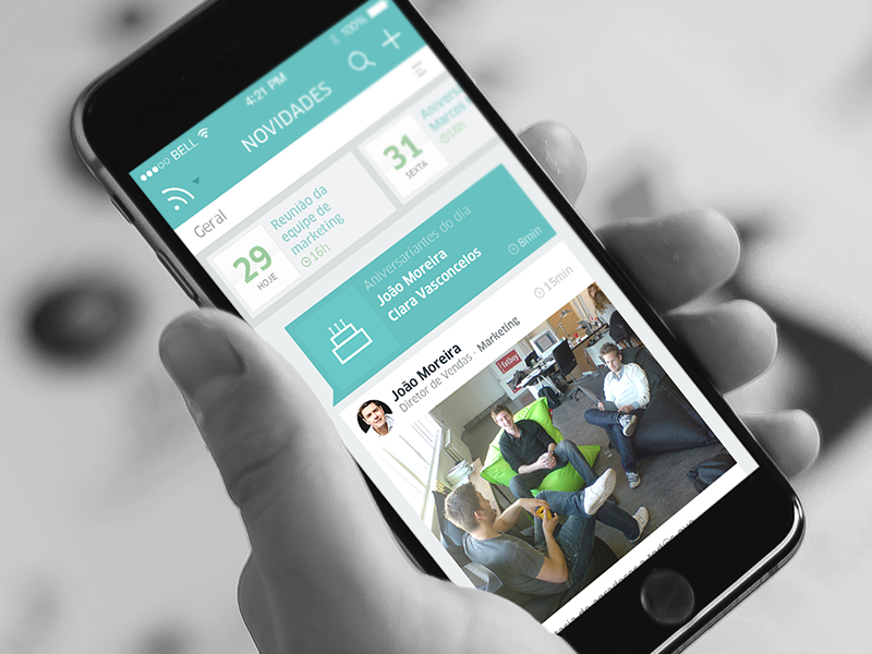 Newsfeed - Kerno newsfeed timeline navigation deep green gray mockup hands on iphone posts schedules flat