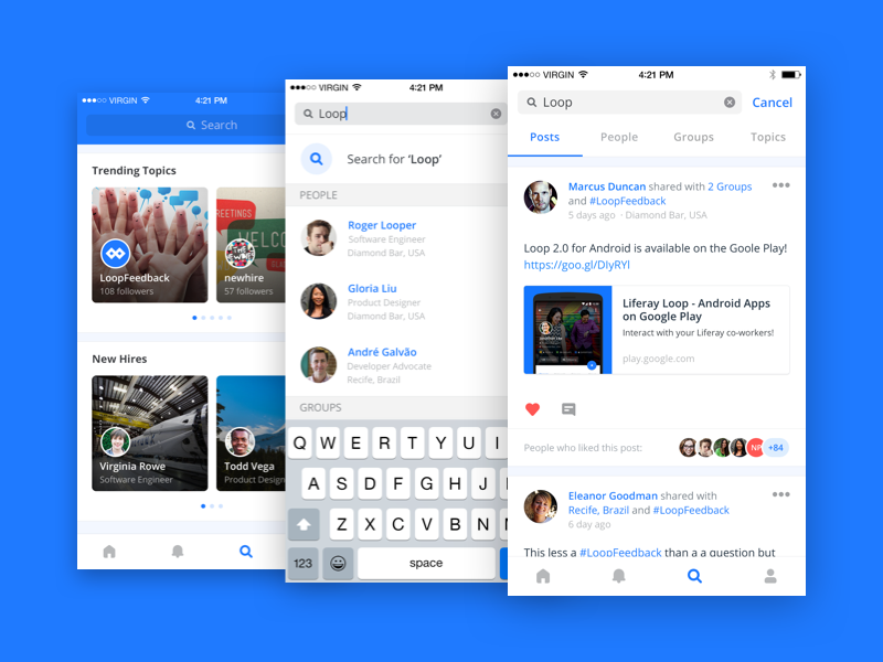 Liferay Loop iOS · Search Workflow cards tabs workflow search ui ux network social app ios mobile
