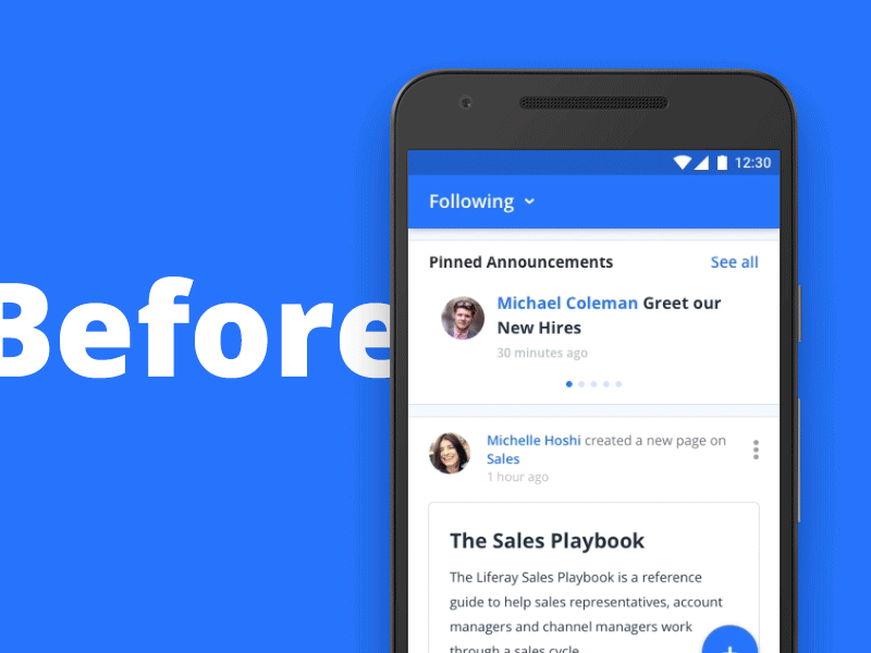 Liferay Loop – Announcements Carousel Redesign redesign principle motion mobile android app social network ux ui carousel cards
