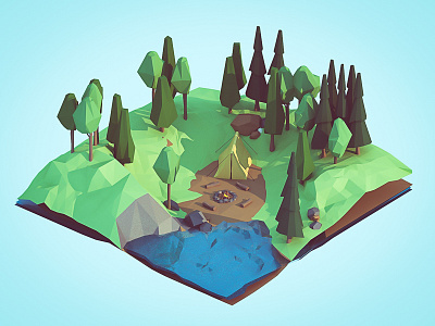 Campsite 3d blender campfire forest low poly trees